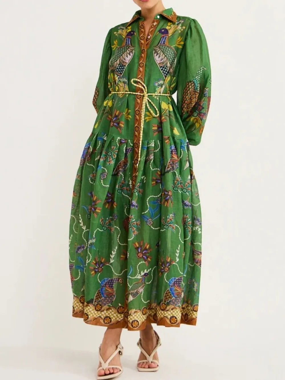 Printed Lantern Sleeve Maxi Shirt Dress, image 5