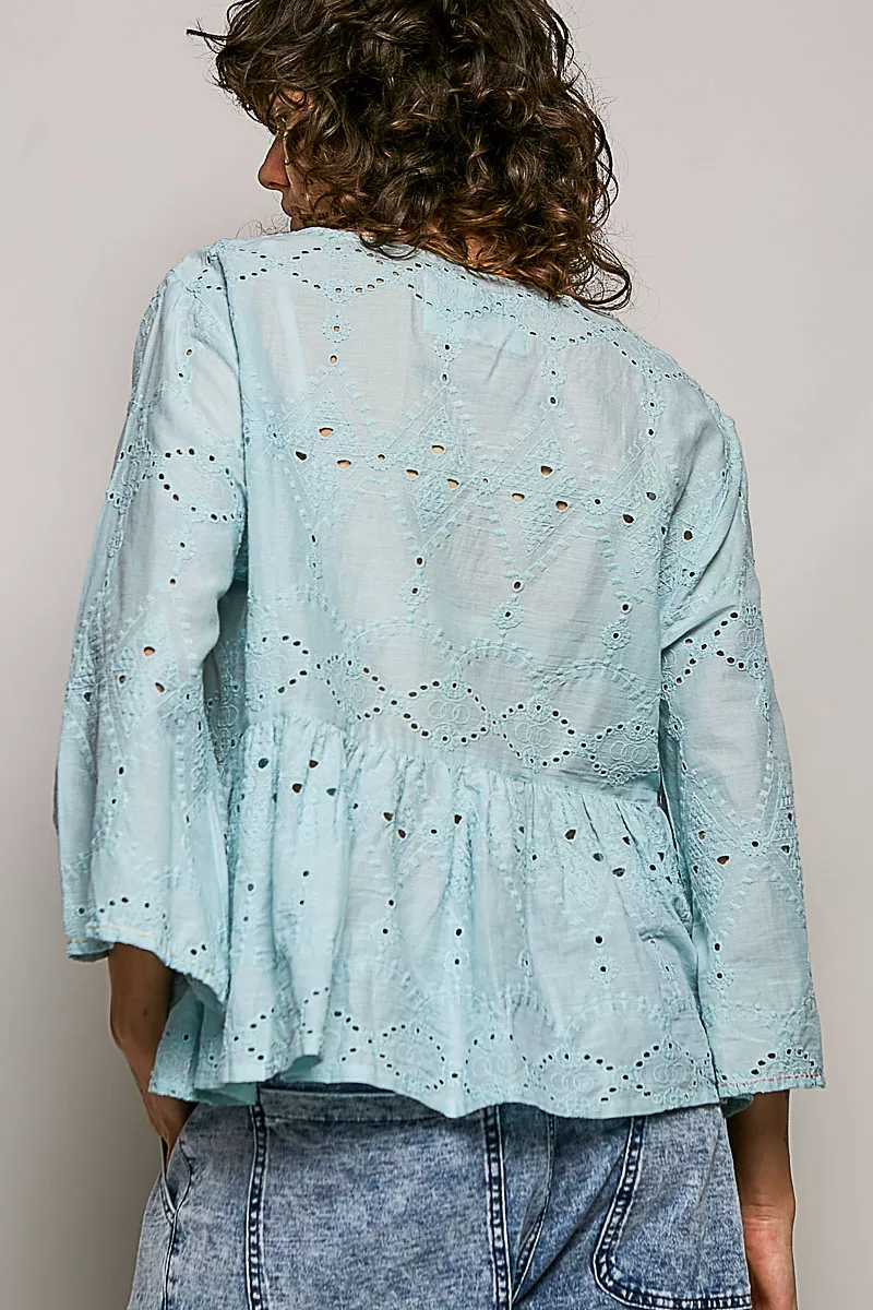 POL Eyelet Embroidery Peplum Button Front Cotton Shirt, image 3