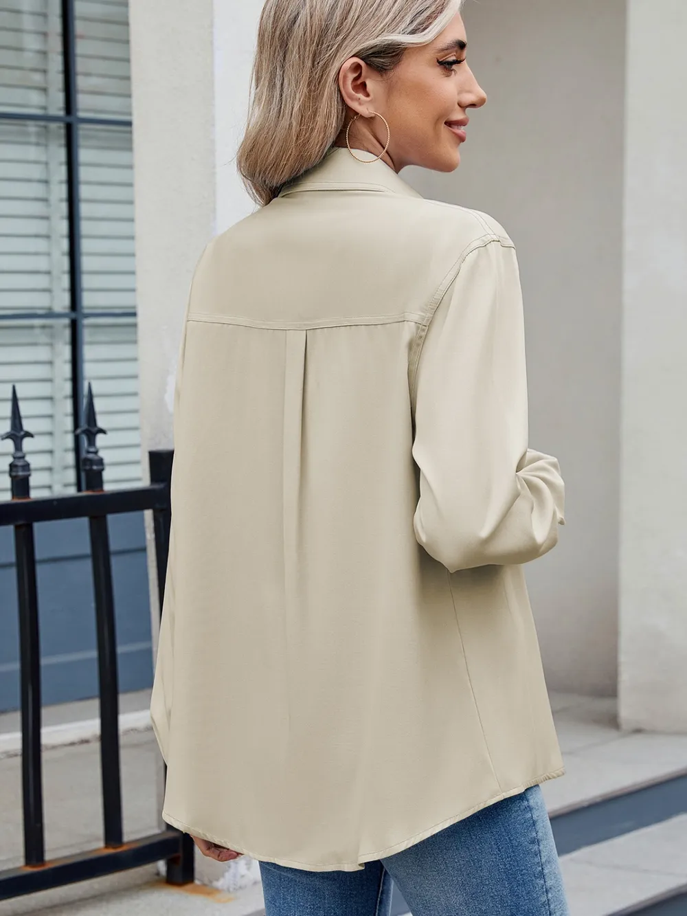 Solid Color Collared Neck Long Sleeve Shirt, image 13