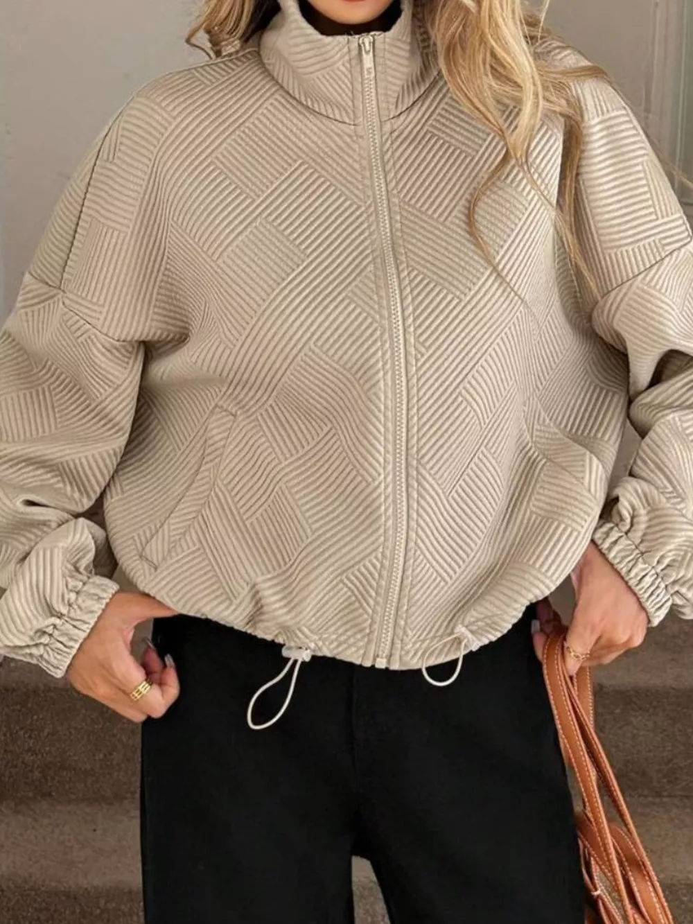 Textured Zip-Up Drawstring Hem Jacket, image 4