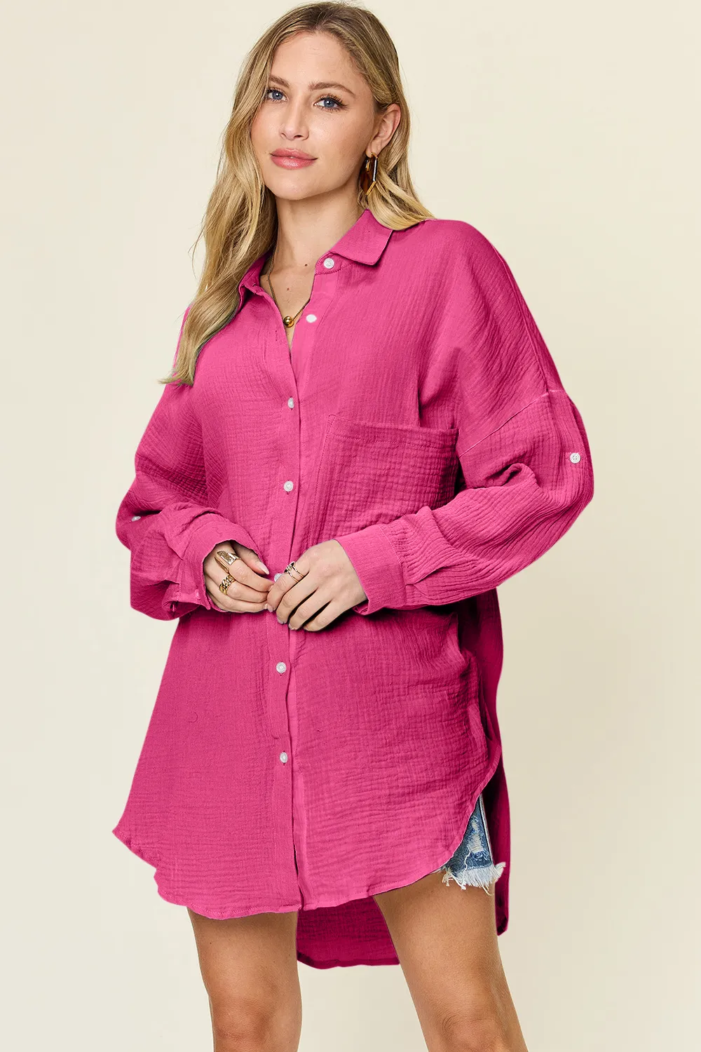 Full Size Pocketed Texture Button Up Shirt, image 11