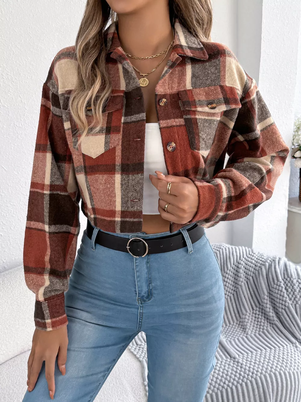 Plaid Button Up Cropped Jacket, image 2
