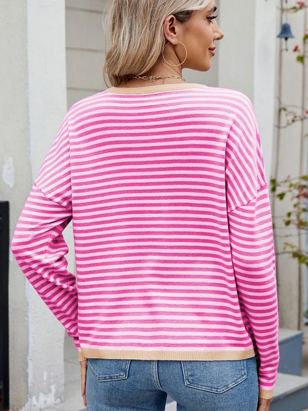 Striped Contrast Round Neck Long Sleeve Sweater, image 18