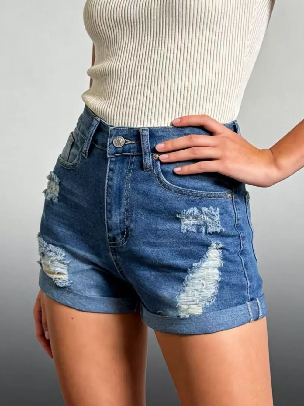 Distressed High-Waisted Denim Shorts, image 3