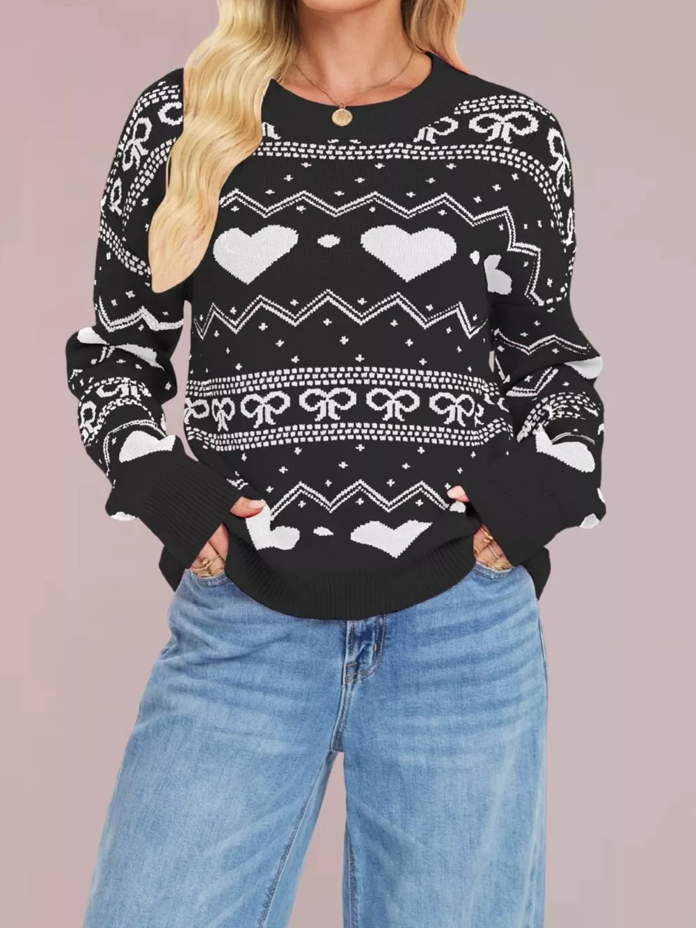 Heart Pattern Dropped Shoulder Sweater, image 7