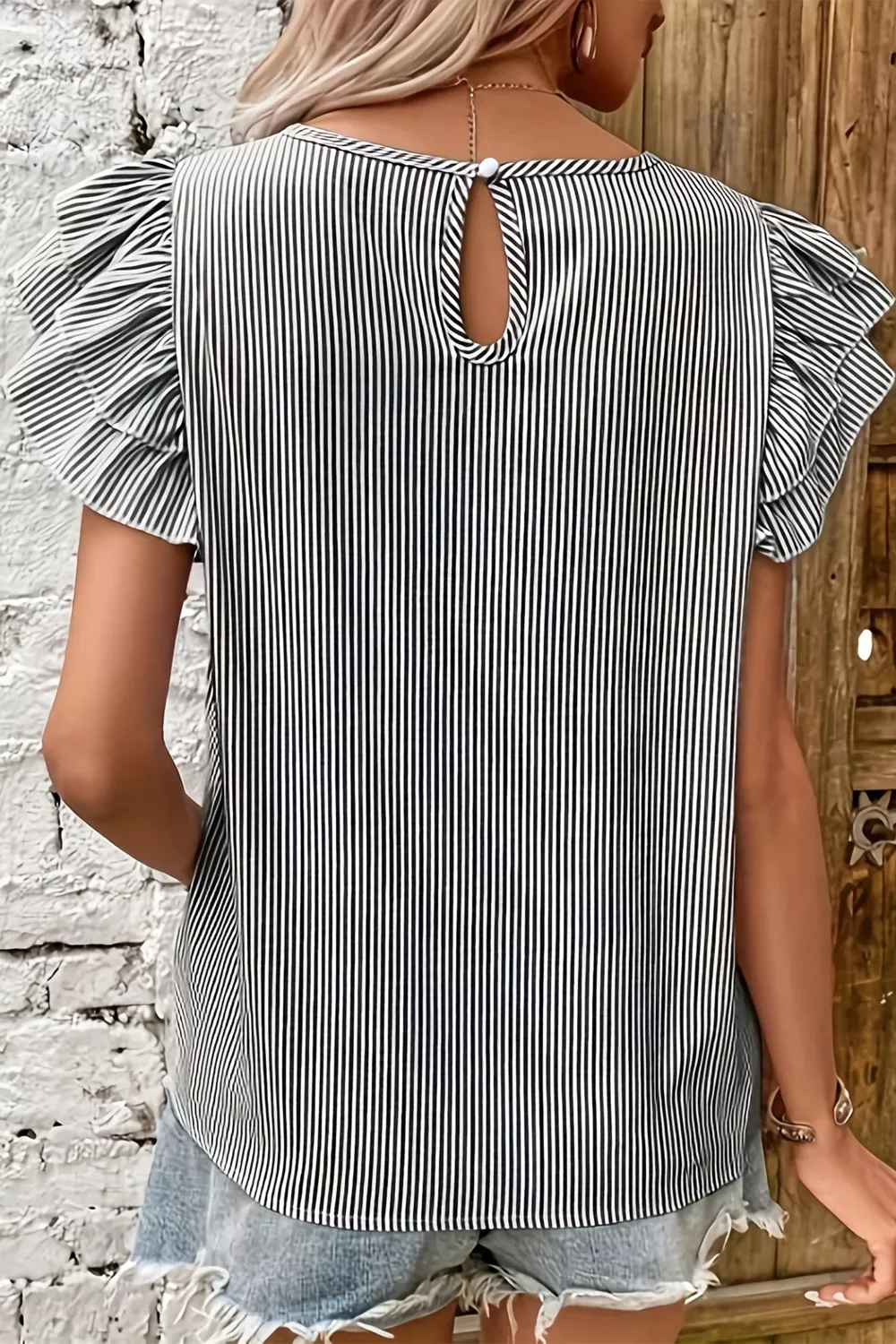 Stripe Striped Ruffle Sleeve Short Sleeve Round Neck Casual Shift Blouse, image 4