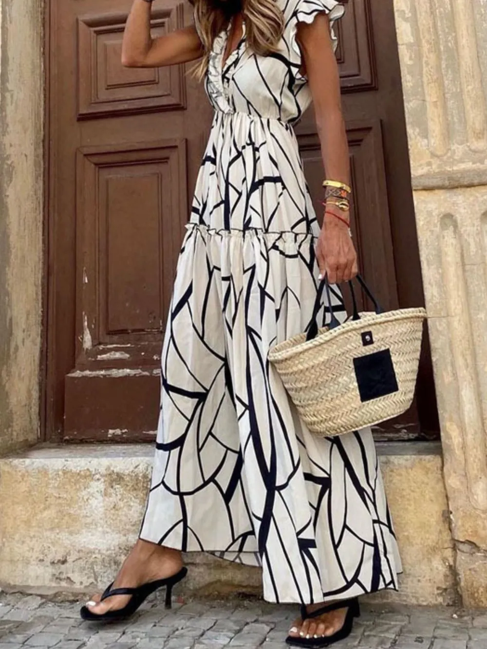 Abstract Print Ruffle Sleeve V-Neck Midi Dress, image 5