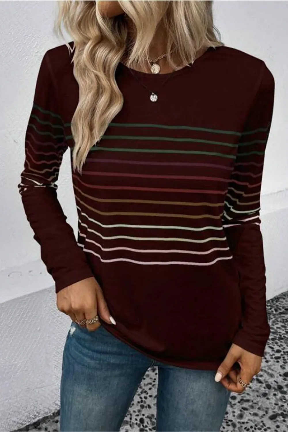 Striped Round Neck Long Sleeve T-Shirt, image 19