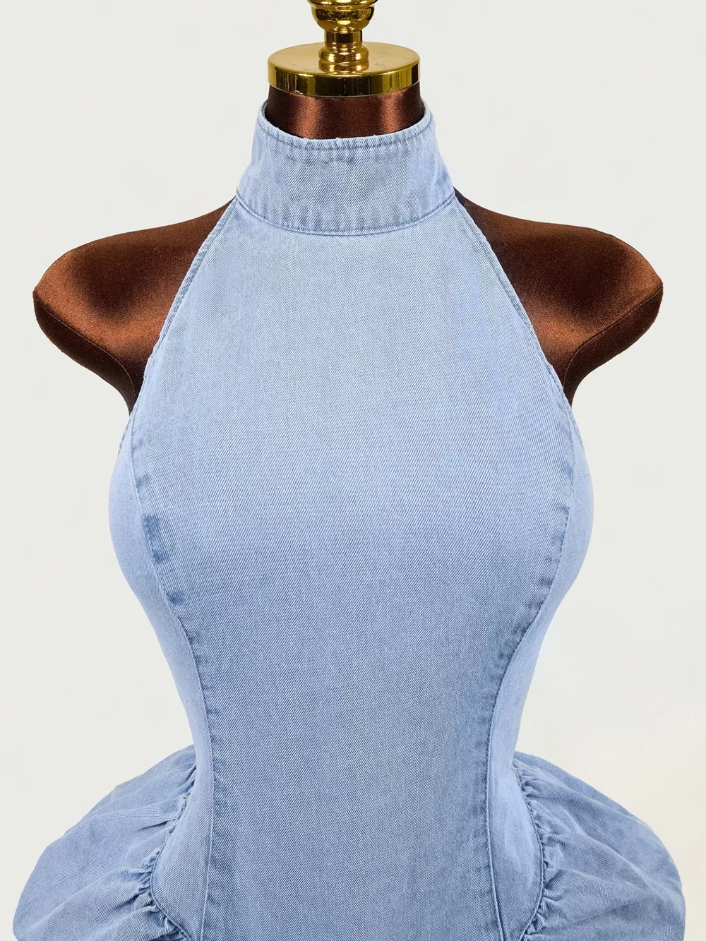 Sleeveless Mock Neck Ruched Bodycon Denim Dress, image 2