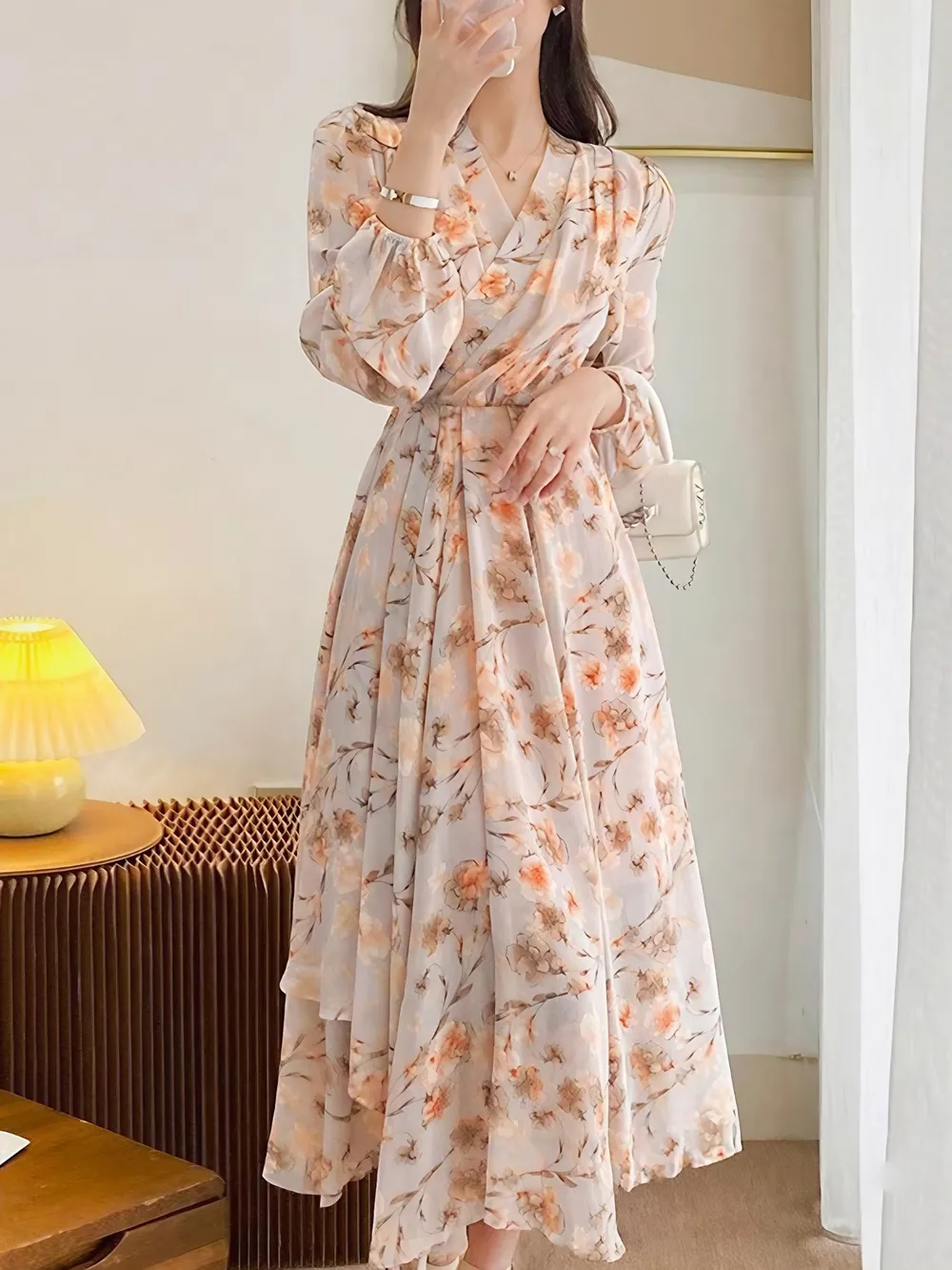 Floral Print Long Sleeve Midi Dress, image 5