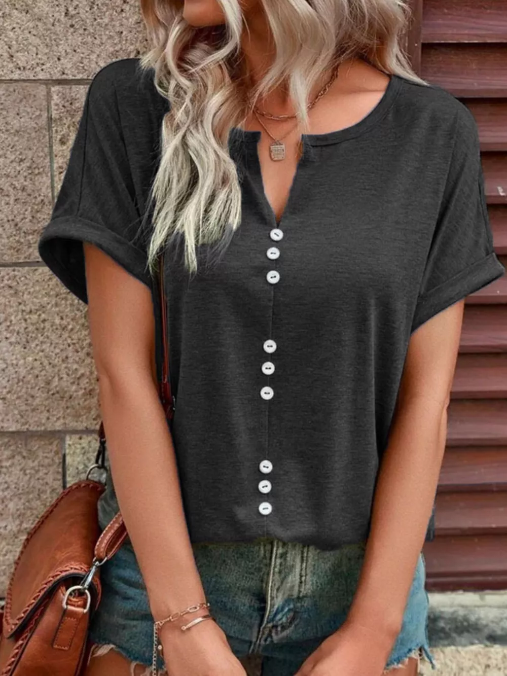 Full Size Decor Button Short Sleeve T-Shirt Plus Size, image 7