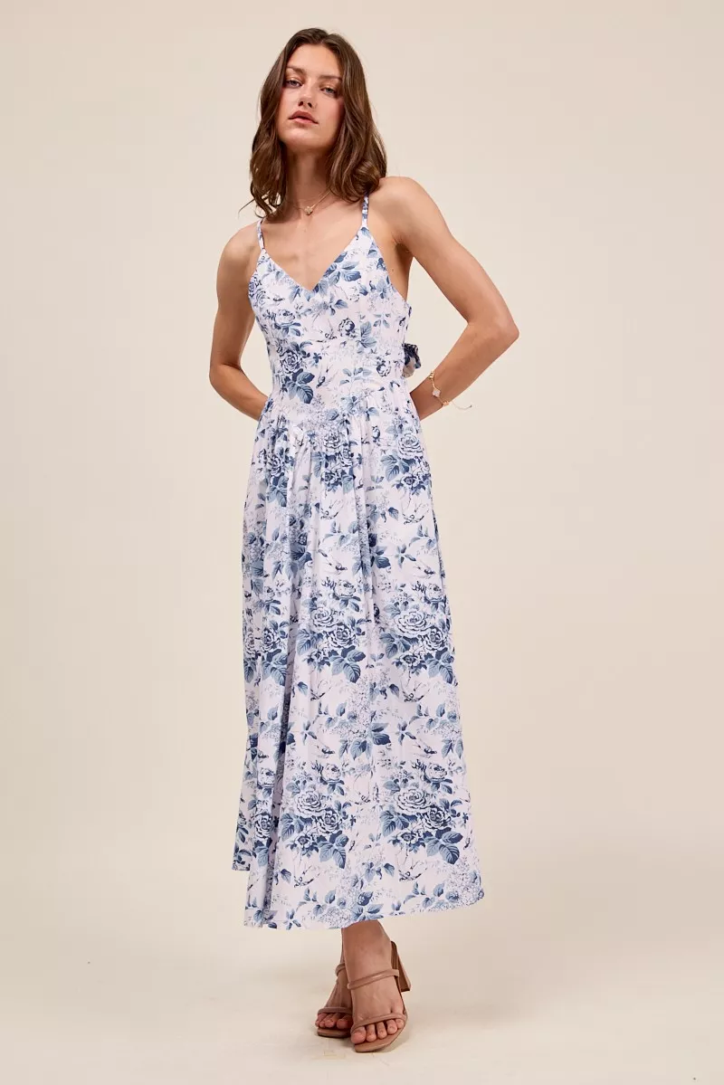 Floral Woven V Neck Dress With Back Ribbon Tie, image 4