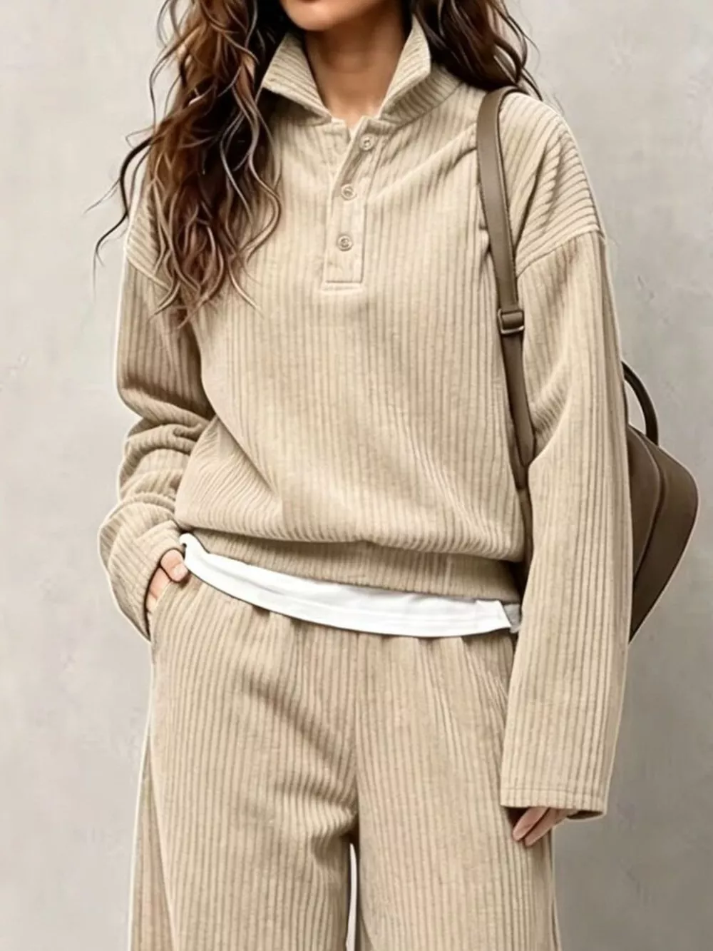 Corduroy Button Detail Top and Wide-Leg Pants Set, image 11