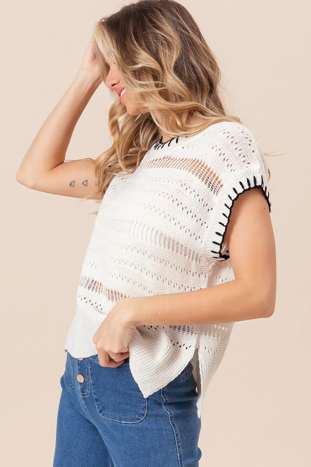 Stitch Edge Pointelle Side Slit Sweater Vest, image 4