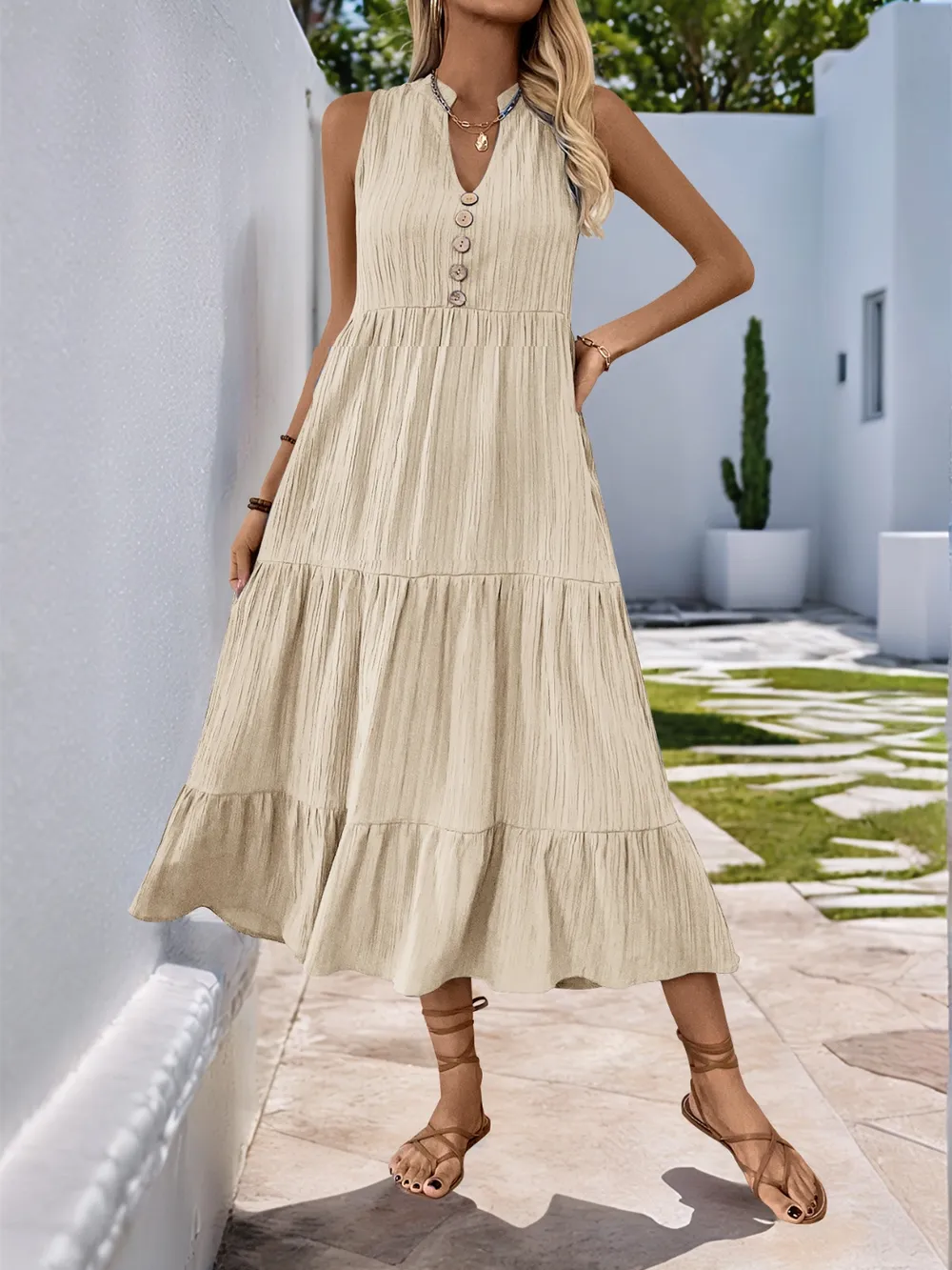 Notched Sleeveless Midi Tiered Dress, image 7