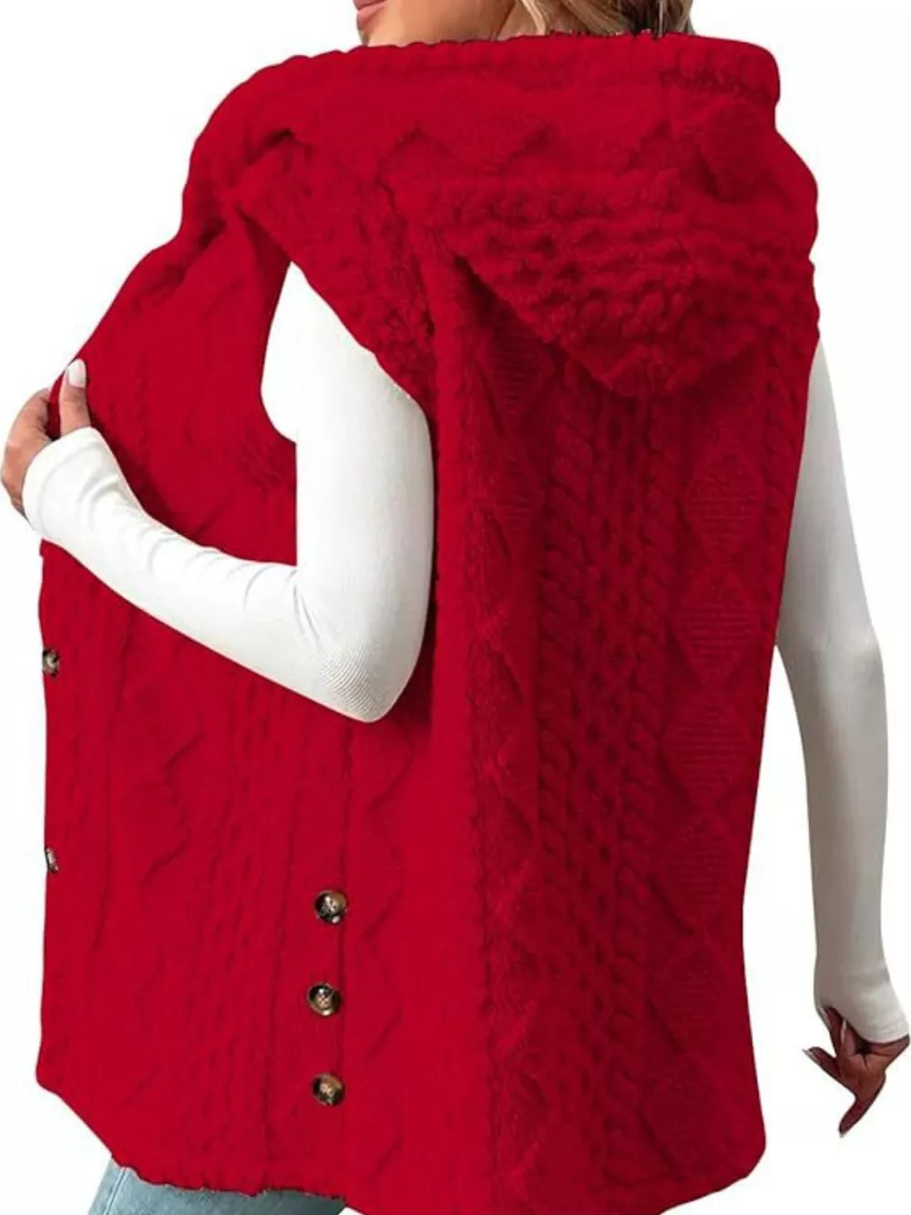 Hooded Button-Up Sherpa Vest Coat, image 12