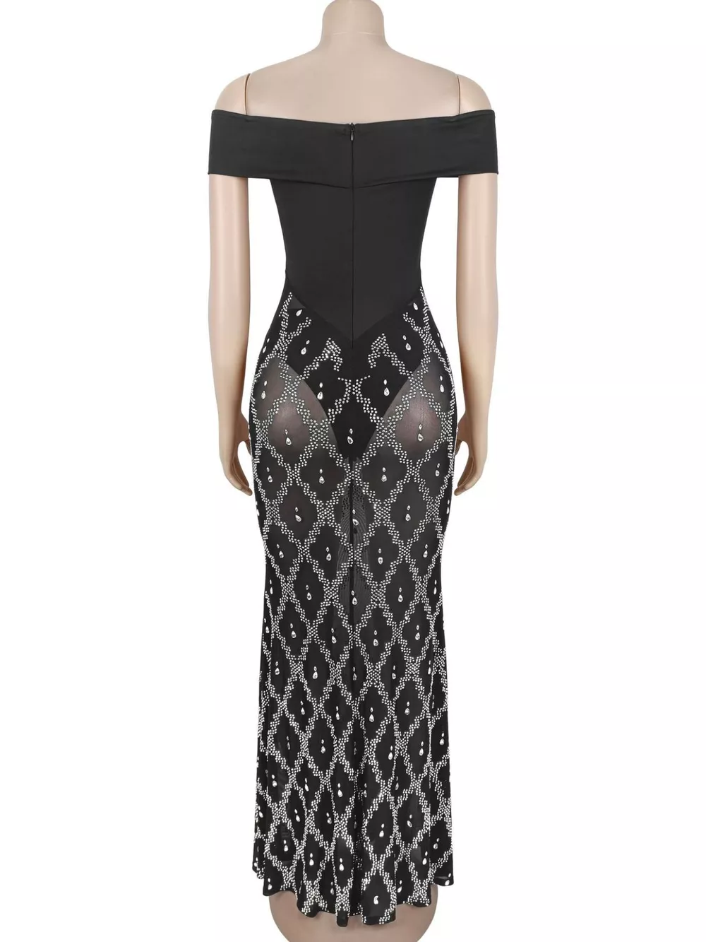 Off-Shoulder Sheer Rhinestone Embellished Maxi Dress, image 9