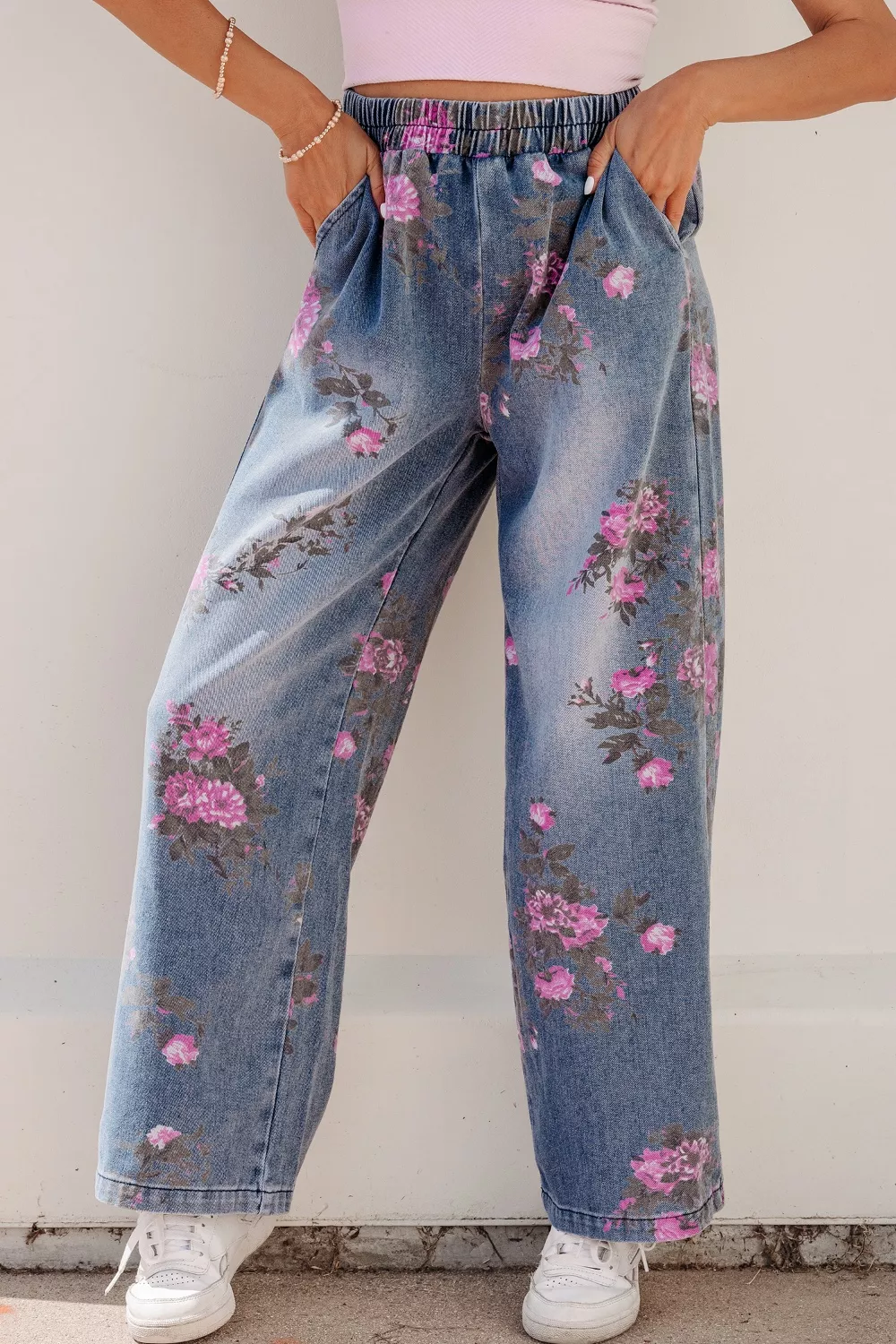 Floral Print Wide Leg Elastic Waist Jeans, image 3