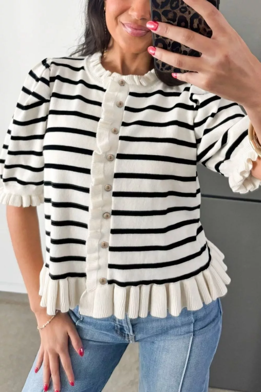 Stripe Ruffle Trim Button Down Knit Short Sleeve Sweater Cardigan, image 2