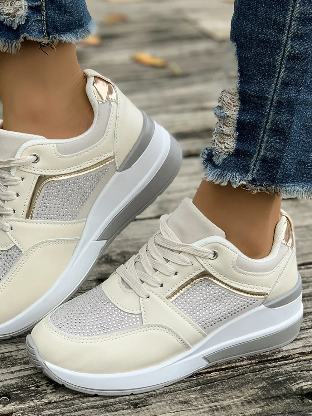 Lace-Up Rhinestone Wedge Sneakers, image 5