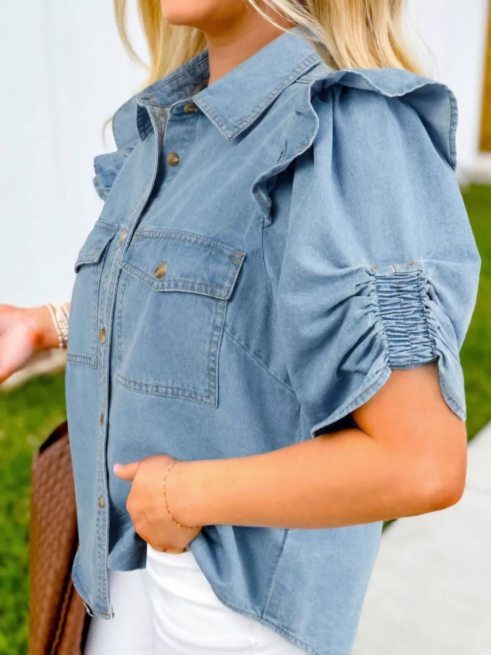 Ruffled Button-Down Denim Shirt, image 7