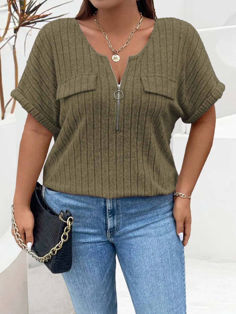 Plus Size Half Zip Short Sleeve T-Shirt, image 7