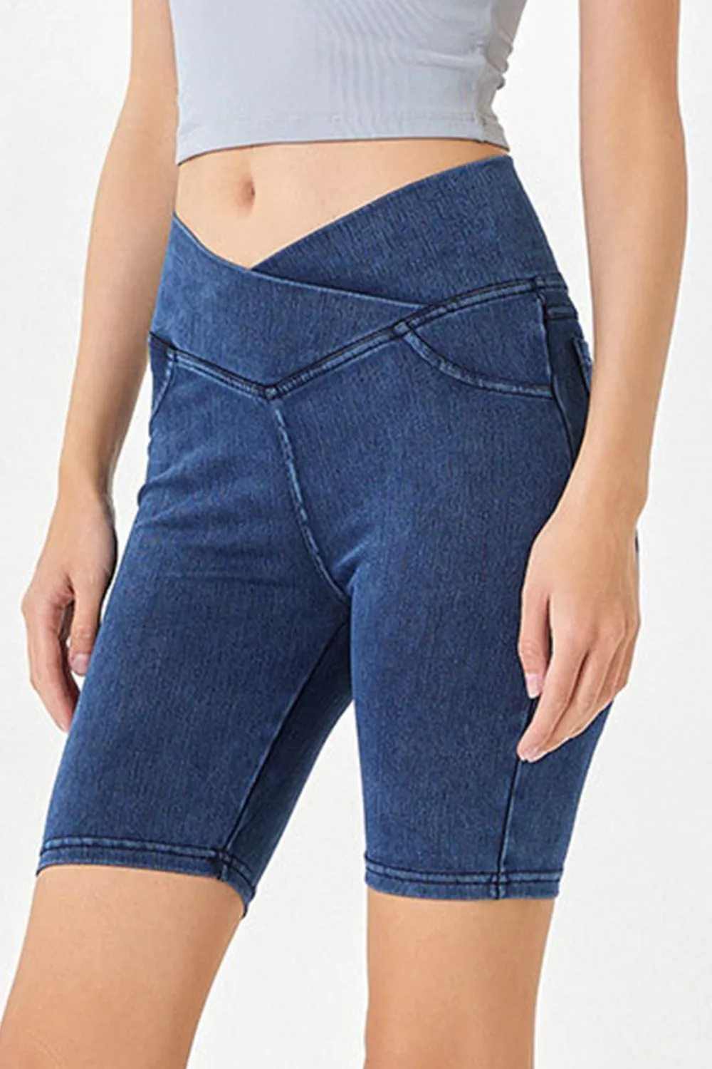 Asymmetrical Waist Denim Shorts with Pockets, image 15