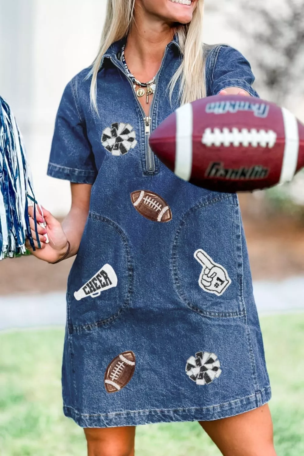 Sequin Football Cheer Patches Game Day Denim Mini Dress, image 3