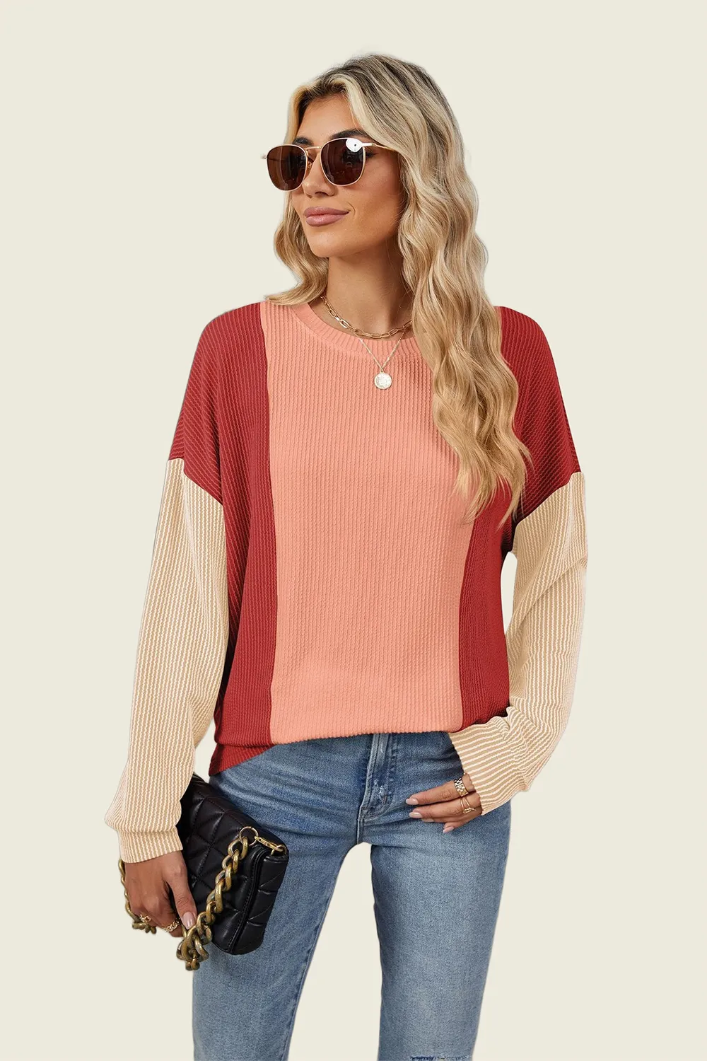 Texture Contrast Round Neck Long Sleeve T-Shirt, image 10