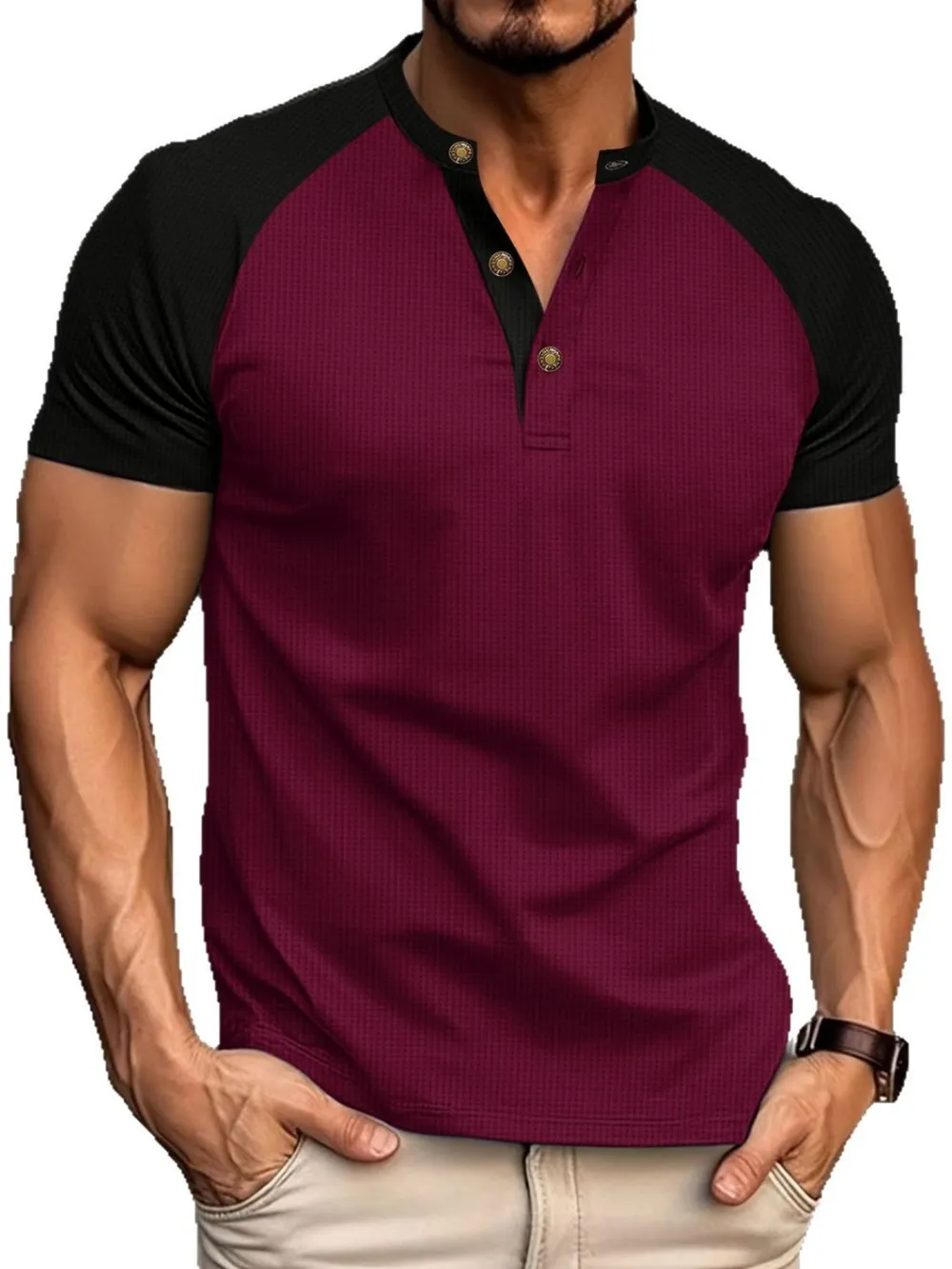 Men's Full Size Waffle-Knit Round Neck Contrast Polo Plus Size, image 5