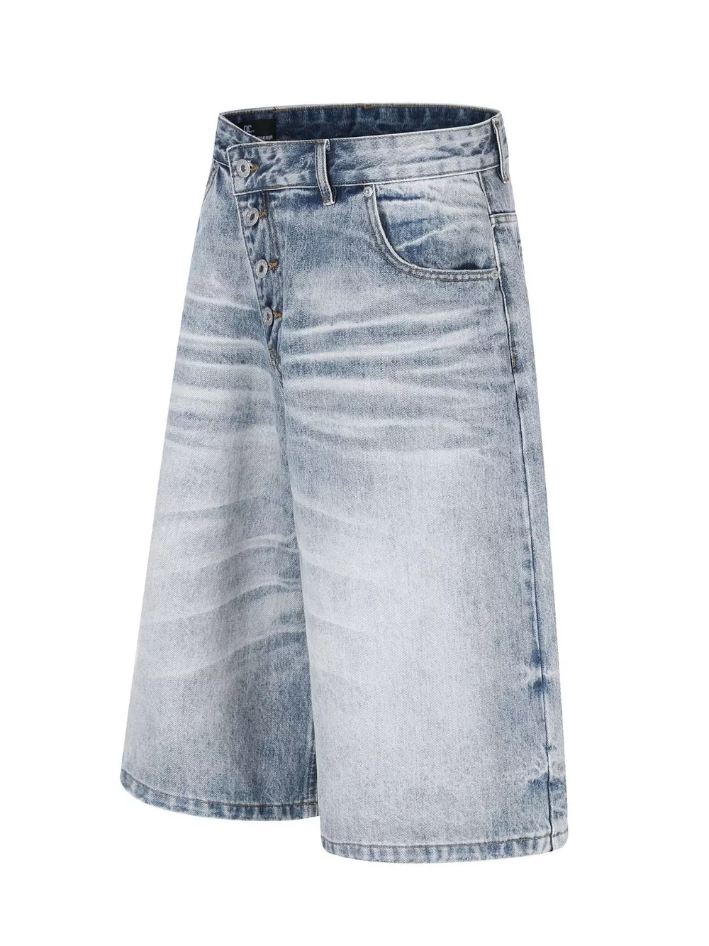 Men's High-Waisted Asymmetric Button-Fly Wide-Leg Denim Capris, image 2