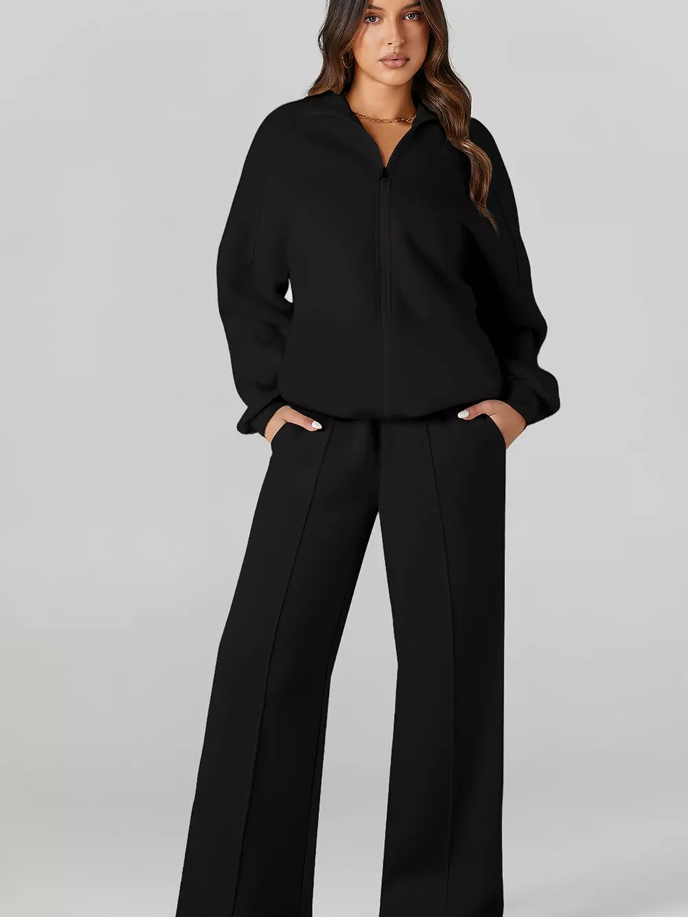 Drop Shoulder Zip Up Jacket and Drawstring Pants Active 2pcs Set, image 11