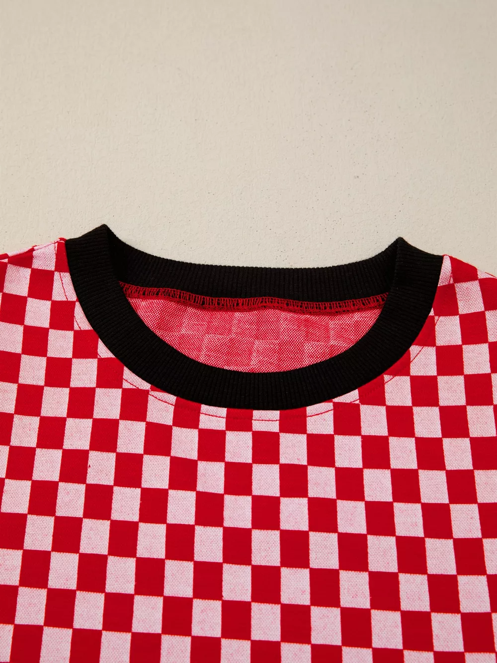 Checkered Print Ruffle Cap Sleeve Contrast Trim Round Neck Top, image 6