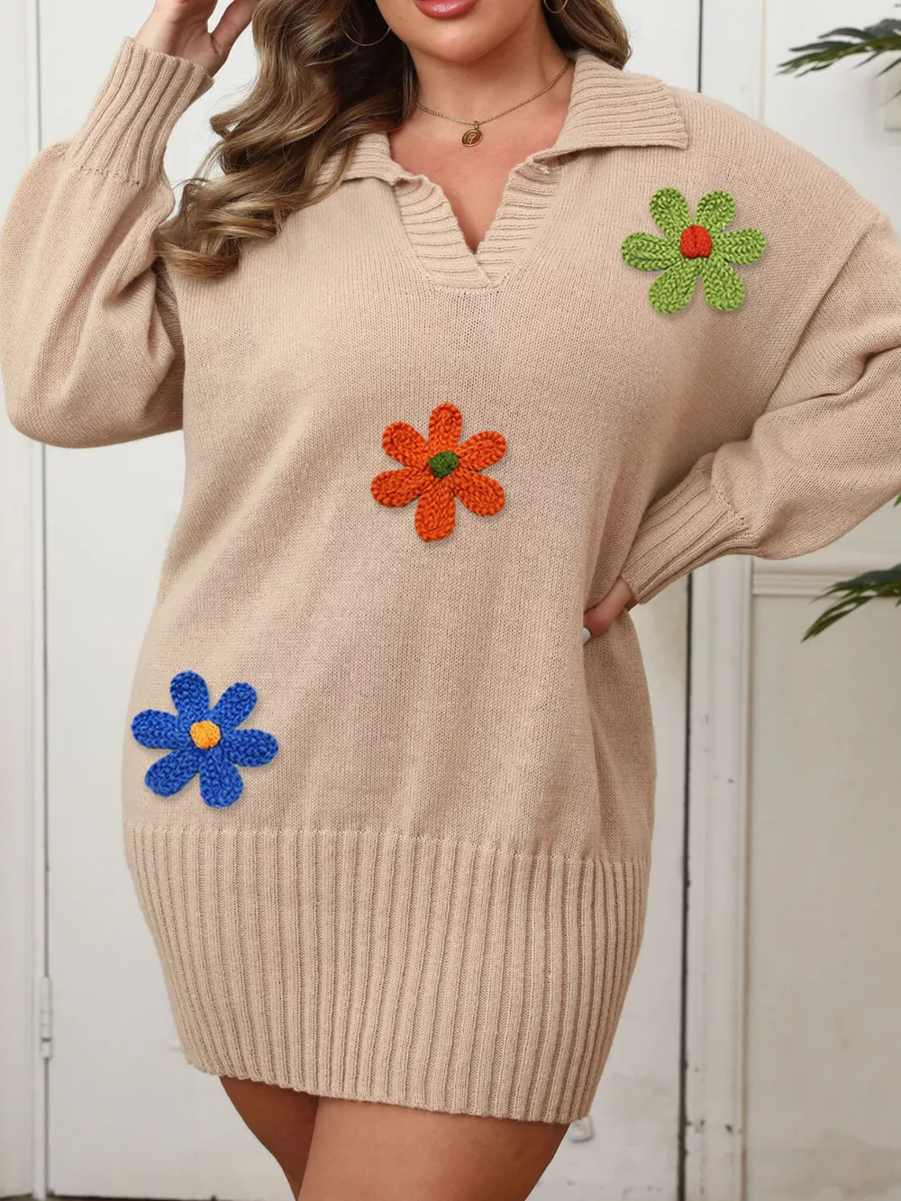 Plus Size Floral Applique Ribbed Hem Sweater Dress, image 2