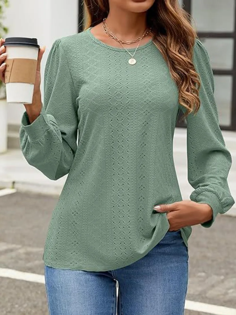 Eyelet Round Neck Long Sleeve Top, image 18