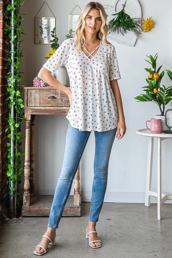 Full Size Crisscross Ditsy Floral Babydoll Top Plus Size, image 11