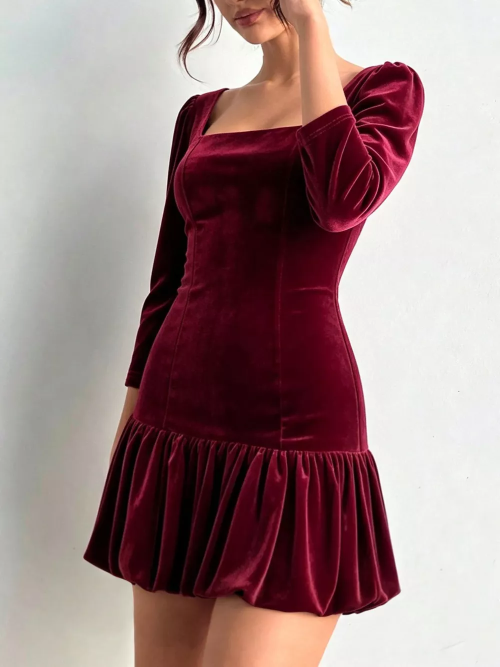 Christmas Velvet Square Neck Mini Dress with Ruffled Hem, image 2