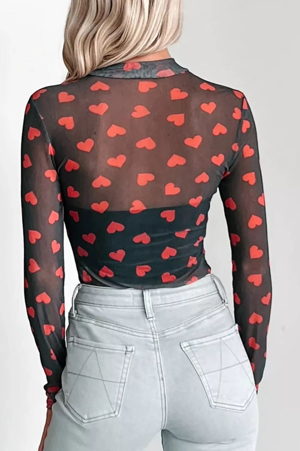 Valentines Heart Printed Sheer Mesh Long Sleeve Top, image 10