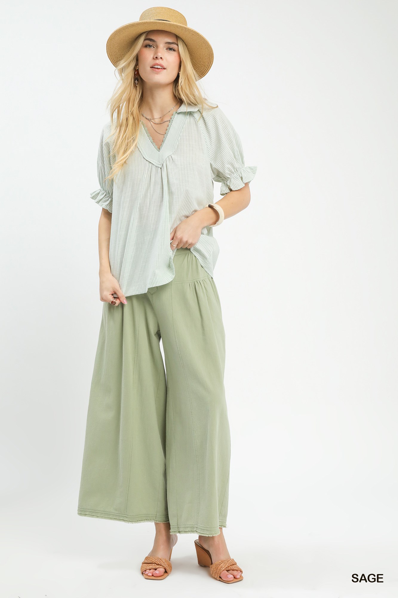Pinstripe V-Neck Ruffle Sleeve Blouse, image 4