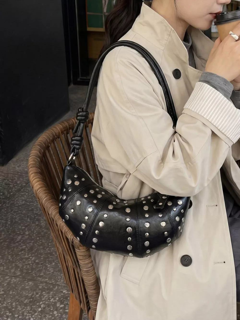 Studded Crescent Shoulder Bag, image 3