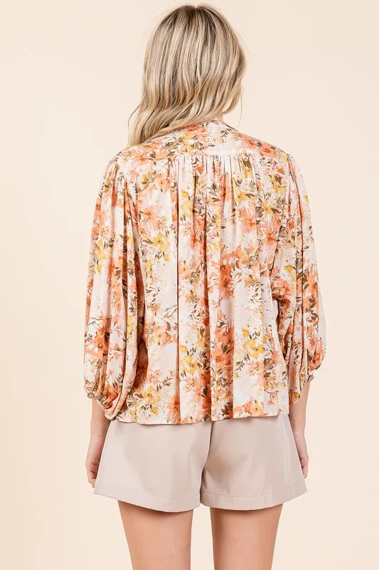 Flower Print Batwing Sleeve Button Down Blouse, image 3