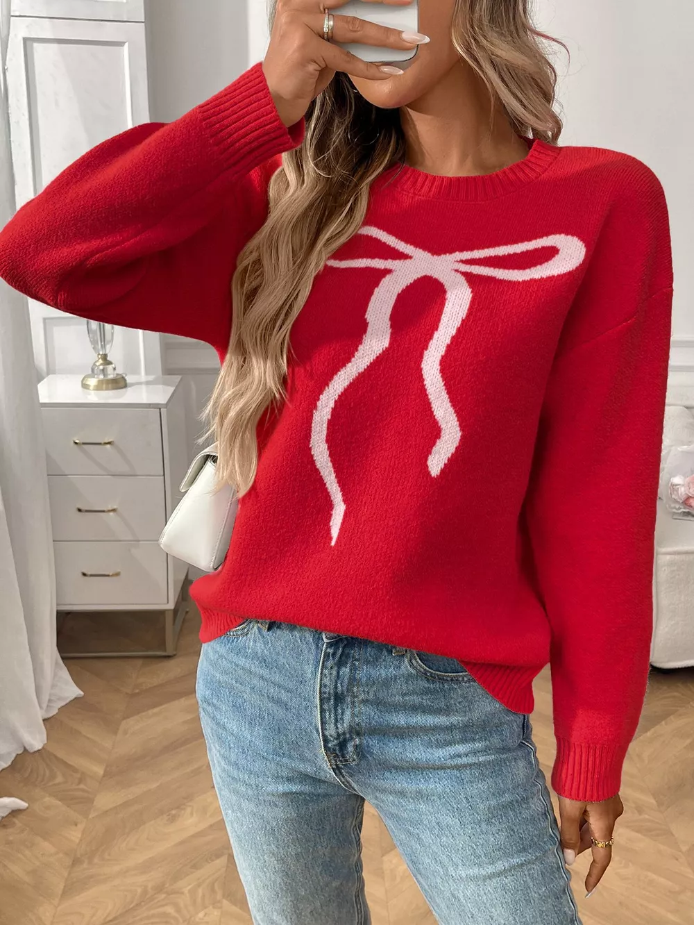 Bow Round Neck Long Sleeve Sweater, image 3
