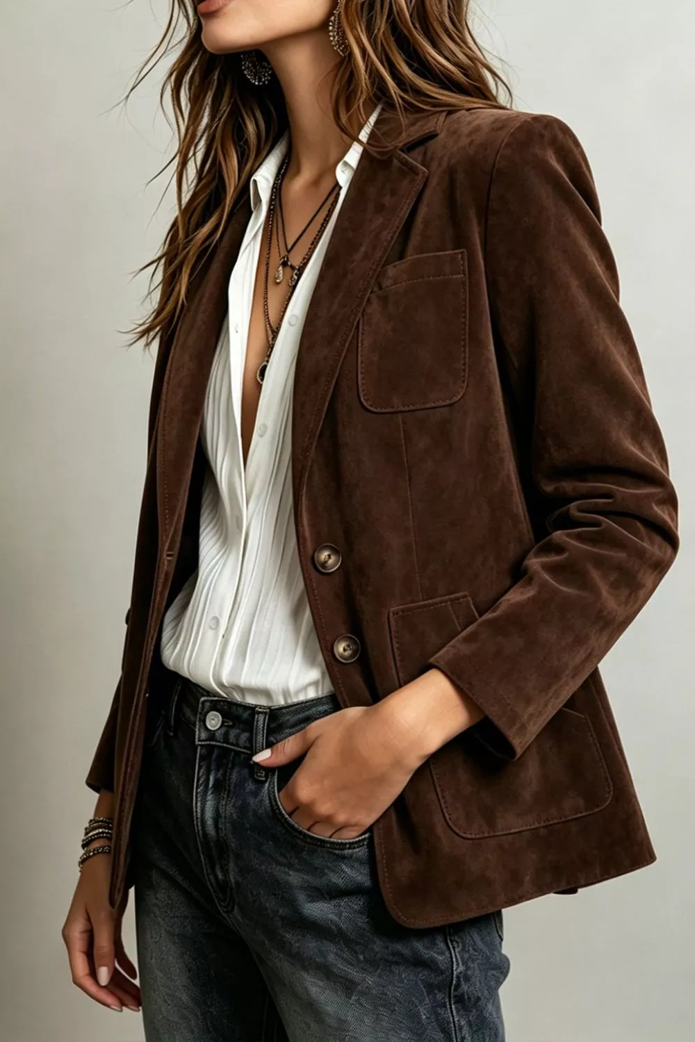 Classic Suede Single-Breasted Blazer Jacket, image 4