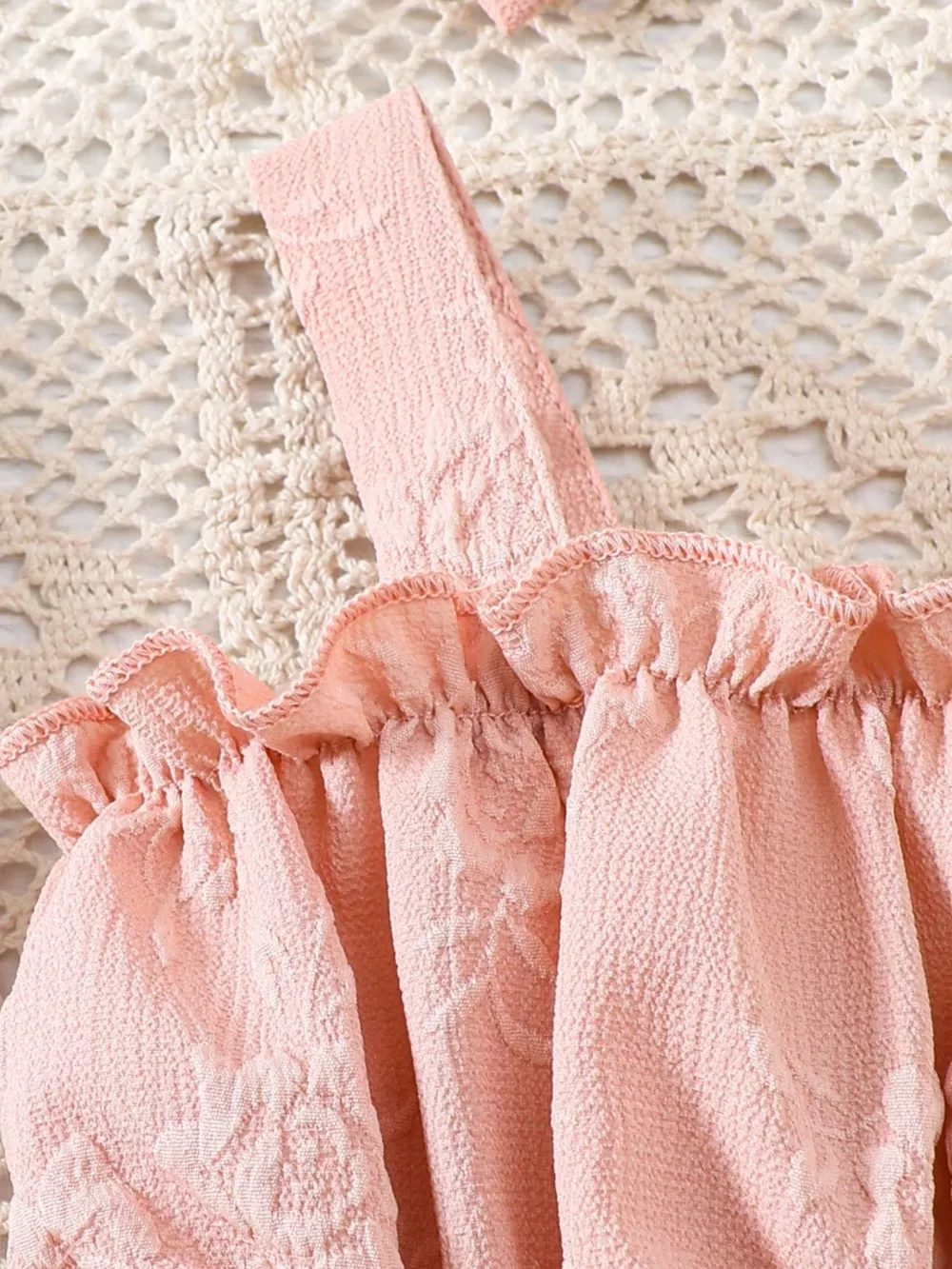 Children's Floral Embossed Ruffle Trim Baby One-Piece with Headband, image 3