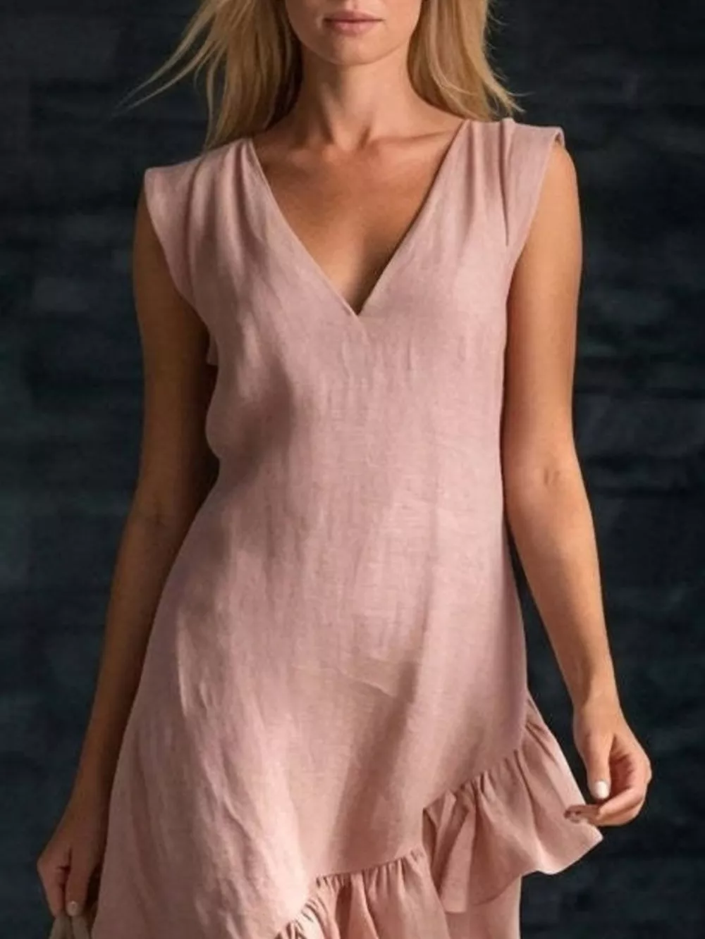 Full Size Ruffled Asymmetrical Hem V-Neck Sleeveless Dress Plus Size, image 3