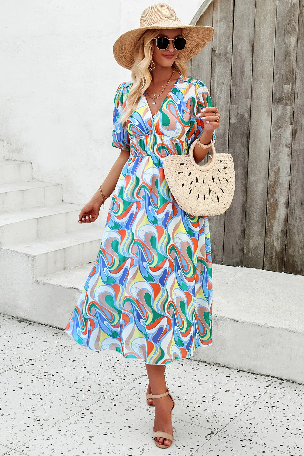 Smocked Printed V-Neck Short Sleeve Dress, image 14