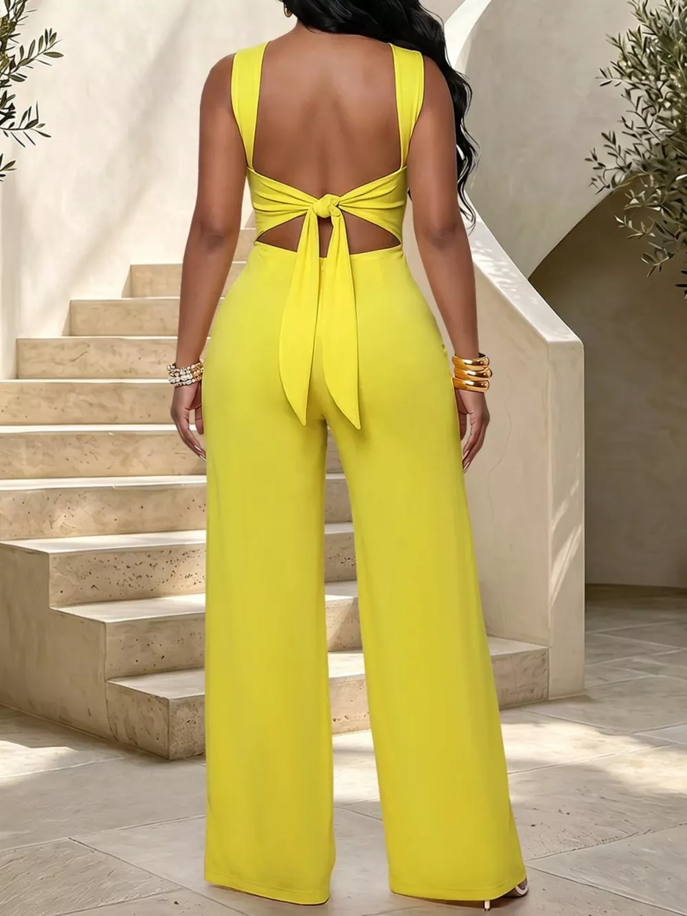 Backless Twist Top and Wide-Leg Pants Set, image 2