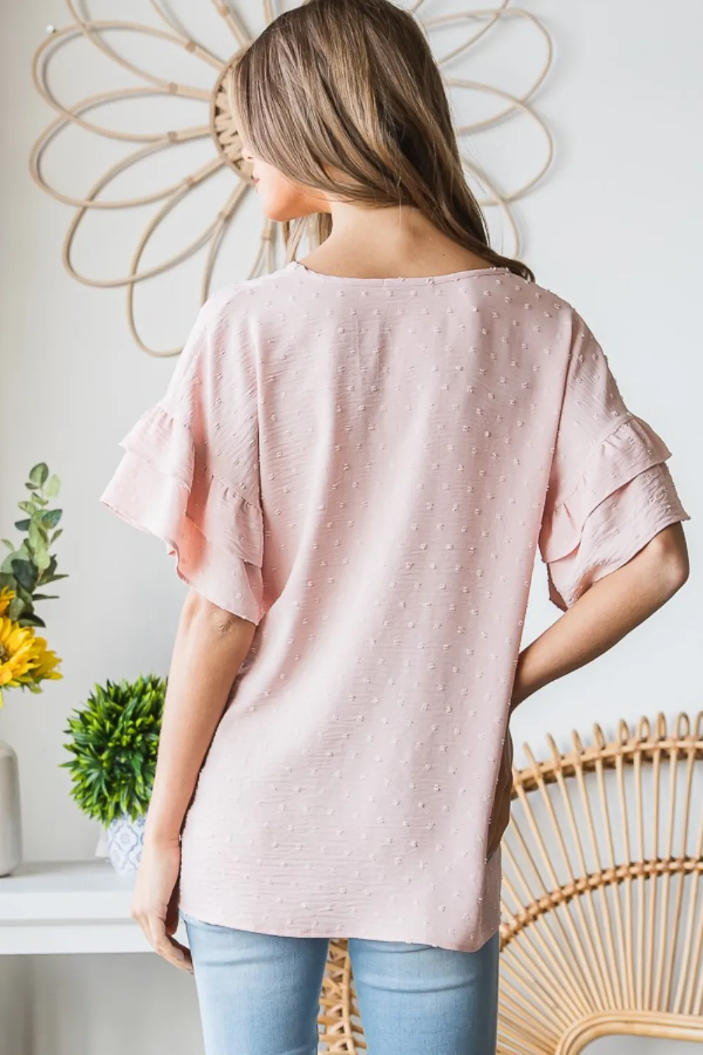Full Size Swiss Dot Ruffle Short Sleeve Top, image 2
