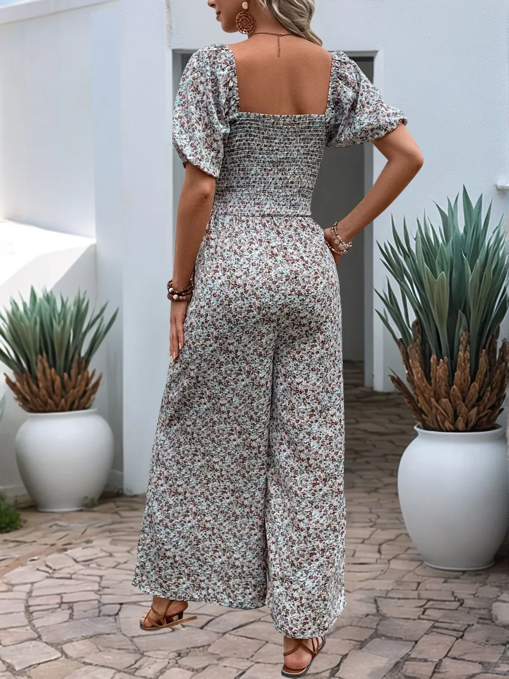 Ditsy Floral Smocked Square Neck Puff Sleeve Jumpsuit, image 10