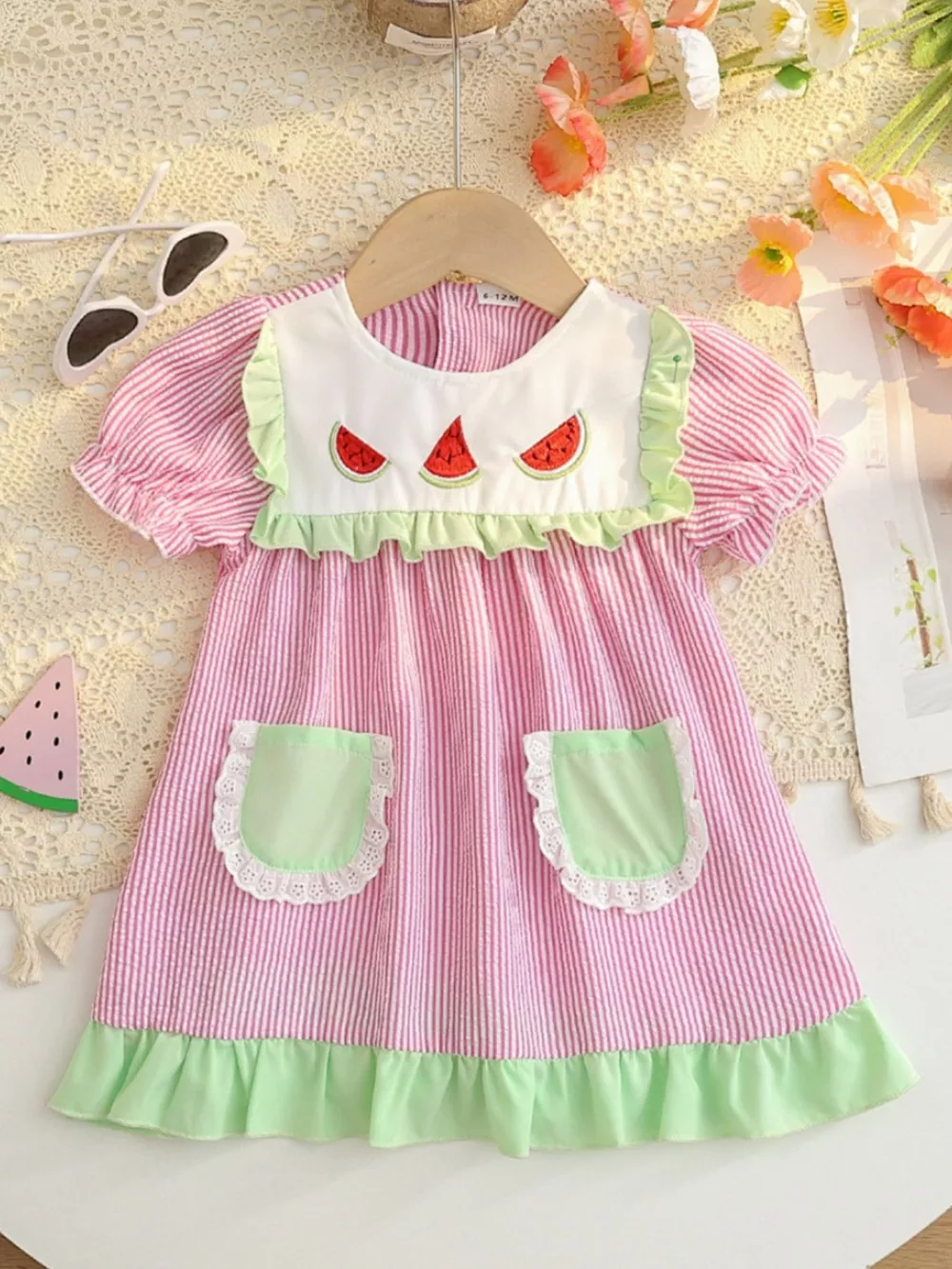 Children's Fruit Embroidered Striped Short Sleeve Dress